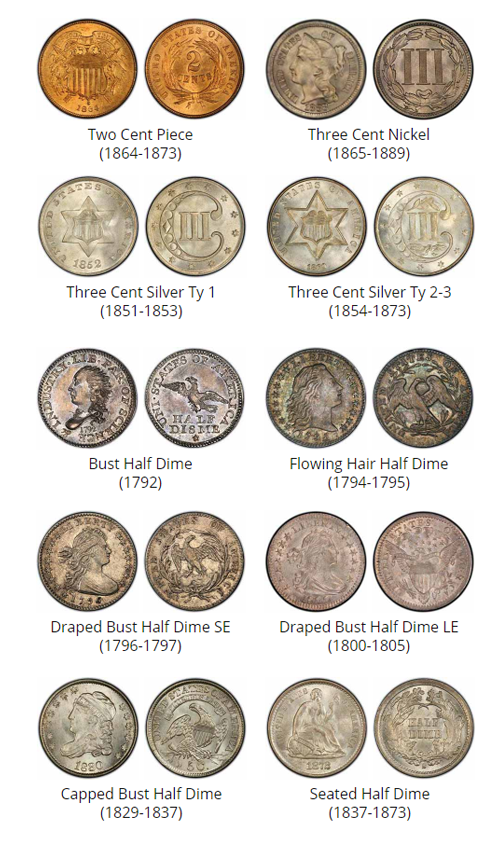 Examples of Two Cent, Three Cents and Half dimes - coin buyers near me